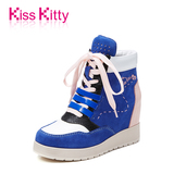 Kiss Kitty女鞋2015秋冬新款撞色绑带高帮靴真皮内增高坡跟中靴