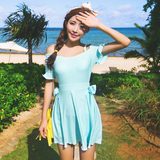 新款时尚甜美可爱少女韩国遮肚钢托显瘦裙式连体平角泳衣女