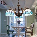 蒂凡尼欧式简约地中海三头吊灯 卧室咖啡厅餐厅复古铁艺灯具玻璃