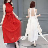 2016夏季新款无袖高腰立领雪纺连衣裙长款纯色气质显瘦红色长裙女