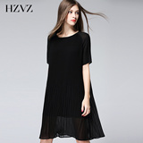 HZVZ2016新款女装欧美简约宽松短袖百褶裙摆中长款黑色连衣裙夏装
