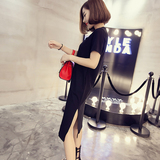 夏季韩版新品成熟侧开叉中长款连衣裙短袖修身显瘦V领纯黑色t恤女