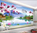 中式荷花沙发客厅电视背景墙壁纸3d立体山水风景大型壁画满铺墙纸