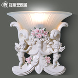 宫廷复古丘比特友爱壁灯欧式经典白色立体浮雕玫瑰树脂装饰灯具