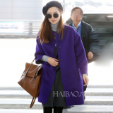 2016春装新款韩版茧型中长款羊绒呢子大衣紫色宽松毛呢外套女加厚