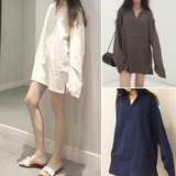 韩国ulzzang时尚气质纯色v领显瘦长袖衬衫学生个性宽松棉麻上衣女