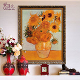 临摹梵高向日葵油画欧式纯手绘花卉装饰画新古典客厅玄关竖版挂画