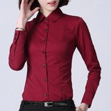 纯棉酒红色衬衫女长袖韩版职业气质工作服修身休闲衬衣加肥加大码