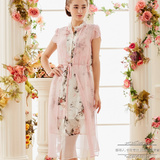 2016夏季新款粉红玛丽优雅印花钉珠修身网纱长裙吊带两件套连衣裙
