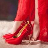 超高跟鞋性感中式新娘婚鞋红色新娘鞋子女公主防水台金色尖头