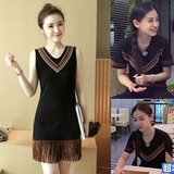 2016春夏季韩国女装新款中长款T恤裙子短袖宽松流苏打底衫上衣潮