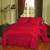 婚庆四件套全棉60支长绒棉结婚床上用品大红色蕾丝花边四件套包邮