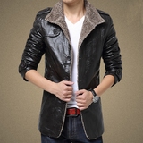 2015秋冬男装皮衣中长款韩版立领青年加厚加绒保暖夹克风衣外套