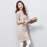 春季新款韩版中长款修身显瘦V领套头羊绒衫纯色针织打底衫毛衣女