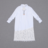 2016春新款欧洲站韩版白衬衫女拼接蕾丝下摆中长款百搭打底衫潮