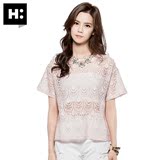 H:CONNECT韩版潮 女款夏装孔雀纹镂空蕾丝透视短袖T恤上衣罩衫