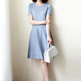 代购夏季新款裙子气质灰蓝色显瘦立体剪裁女装真丝垂感针织连衣裙