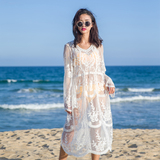 2016韩国宽松长袖沙滩外套防晒衣蕾丝锈花针织衫比基尼罩衫裙夏装