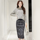 2016秋冬休闲套装女韩版时尚长袖宽松针织衫+半身裙一步裙两件套