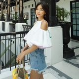 韩国2016春装新款 纯色小性感露肩上衣 无袖韩版荷叶边衬衫女 白
