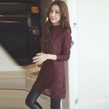 2015秋冬新款韩版加绒蕾丝连衣裙女大码修身中长款加厚长袖打底衫