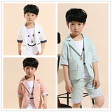 16夏季新款 韩版中童男女童棉麻西服短袖短裤套装 童装