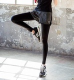 k跑步健身瑜伽服套装速干假两件运动裤女紧身加绒打底九分长裤