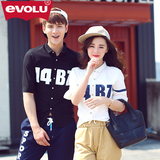 2016夏季韩版字母印花短袖男士衬衫情侣装夏装修身五分袖男装衬衣