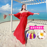 夏新雪纺一字领波西米亚长裙2016海边度假沙滩裙连衣裙显瘦大红色