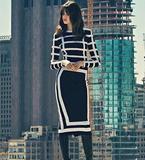2015新品欧美黑白色条纹针织冰丝紧身长袖连衣裙H1703