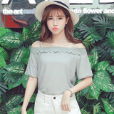 2016夏季新款韩版甜美一字领露肩蕾丝拼接薄款针织雪纺衫上衣女