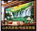 流水生财大型壁画 中式客厅电视背景墙壁纸壁画 3d墙纸风景山水画