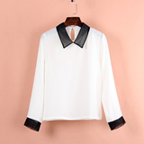 可可春季新款雪纺衫女 韩版学生黑白欧根纱拼接显瘦简约长袖衬衫