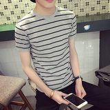 夏季新款韩版男士修身圆领短袖T恤日系潮男半袖体桖条纹打底t恤衫