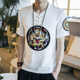 夏季中国风盘扣立领亚麻短袖T恤男士青年刺绣龙袍半袖上衣体恤衫
