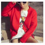 2016春季女韩版宽松兔毛羊毛短款针织开衫外套毛衣外搭红色v领