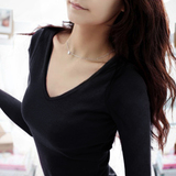 2015秋冬女装黑白色打底衫低领T恤大码V领上衣纯棉体恤紧身长袖潮