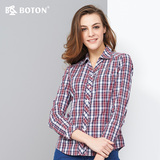 波顿秋季新款女装全棉长袖格子衬衫 夏季红格纹休闲衫衬LS525