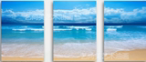 蓝色大海地中海风景欧式纯手绘油画客厅玄关装饰画海景画三联无框