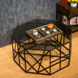 美式铁艺创意茶几现代茶桌客厅圆形茶几咖啡桌休闲桌铁艺玻璃茶几