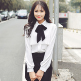 2016年春季新款韩版长袖纯色甜美拼接百搭雪纺学生蕾丝衬衫女装潮