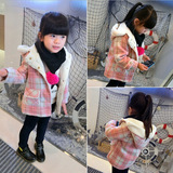 2015新款韩版冬裝时尚女童格子棉衣外套儿童宝宝毛呢连帽加绒大衣