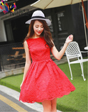 2016夏季女装时尚气质修身名媛无袖蕾丝大红色连衣裙蓬蓬短裙子