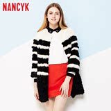 Nancyk冬装清仓修身中长款黑白经典优雅时尚大牌八分袖圆领皮草