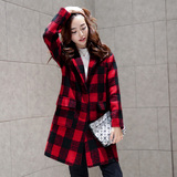 2015秋冬新款韩国代购女装韩智敏同款红黑格子羊毛呢大衣外套女