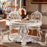欧式餐桌大理石圆桌法式白色饭桌实木雕花户型餐台6人餐桌椅组合