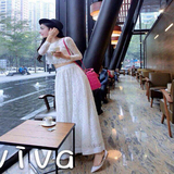 韩版新款水溶蕾丝长袖上衣+大裙摆高腰半身长裙时尚套装两件套女