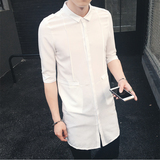 发型师男士韩版修身七分袖中长款防晒衣男装夏季个性亚麻衬衫衬衣