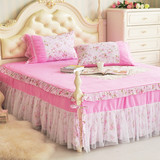 夏季纯棉粉色蕾丝床裙可开叉韩式公主花边床罩床裙开叉床裙四件套
