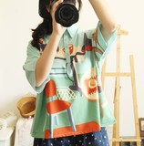 韩国ulzzang 原宿复古文艺书房数码印花宽松中袖短款可爱童趣衬衫